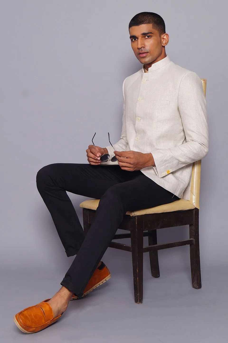100% Linen Natural Bandhgala