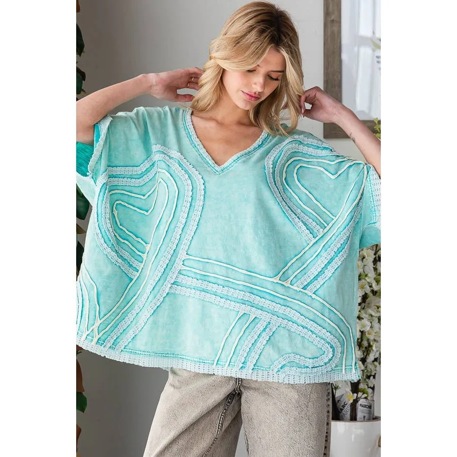Aqua Washed Connective Hearts V Neck Oli&Hali Tops