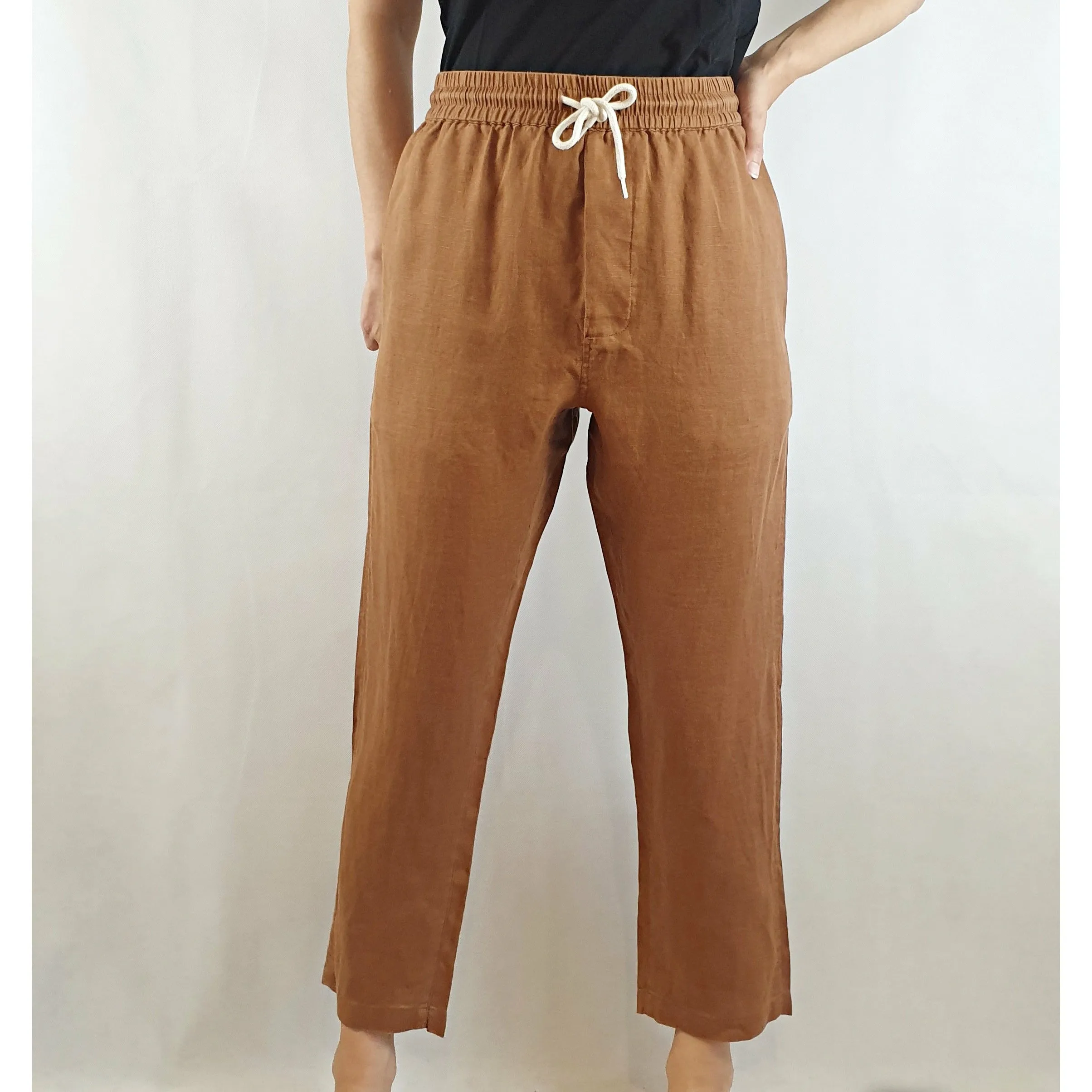 Assembly Label second hand 100% linen brown drawstring pants size 8