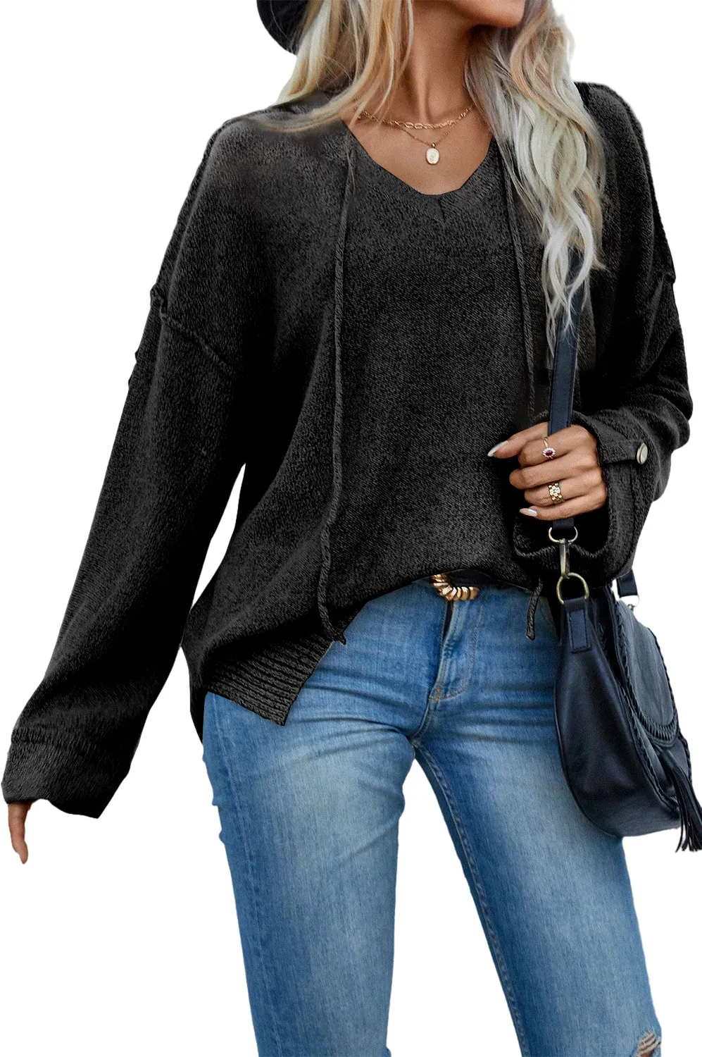 Black Buttoned Sleeve V Neck Drawstring Hooded Sweater