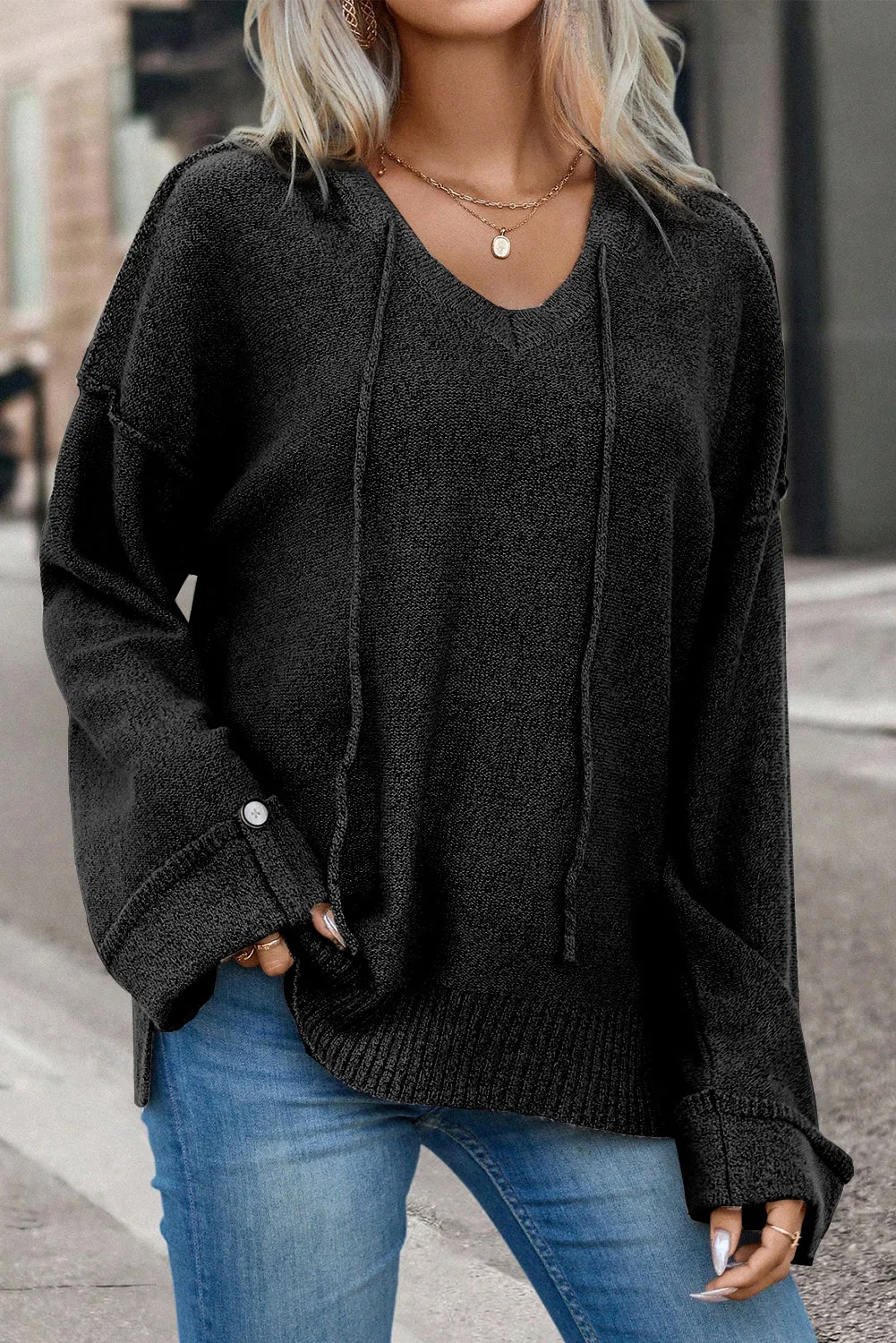 Black Buttoned Sleeve V Neck Drawstring Hooded Sweater