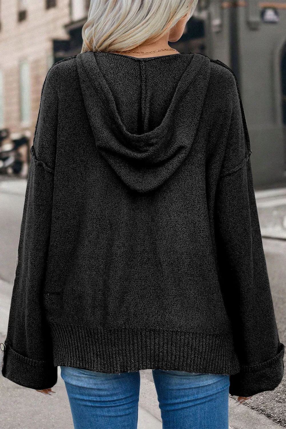 Black Buttoned Sleeve V Neck Drawstring Hooded Sweater
