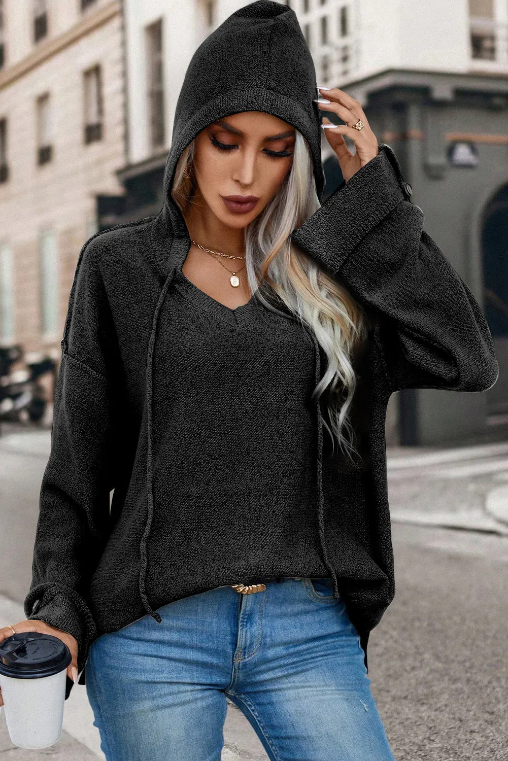 Black Buttoned Sleeve V Neck Drawstring Hooded Sweater