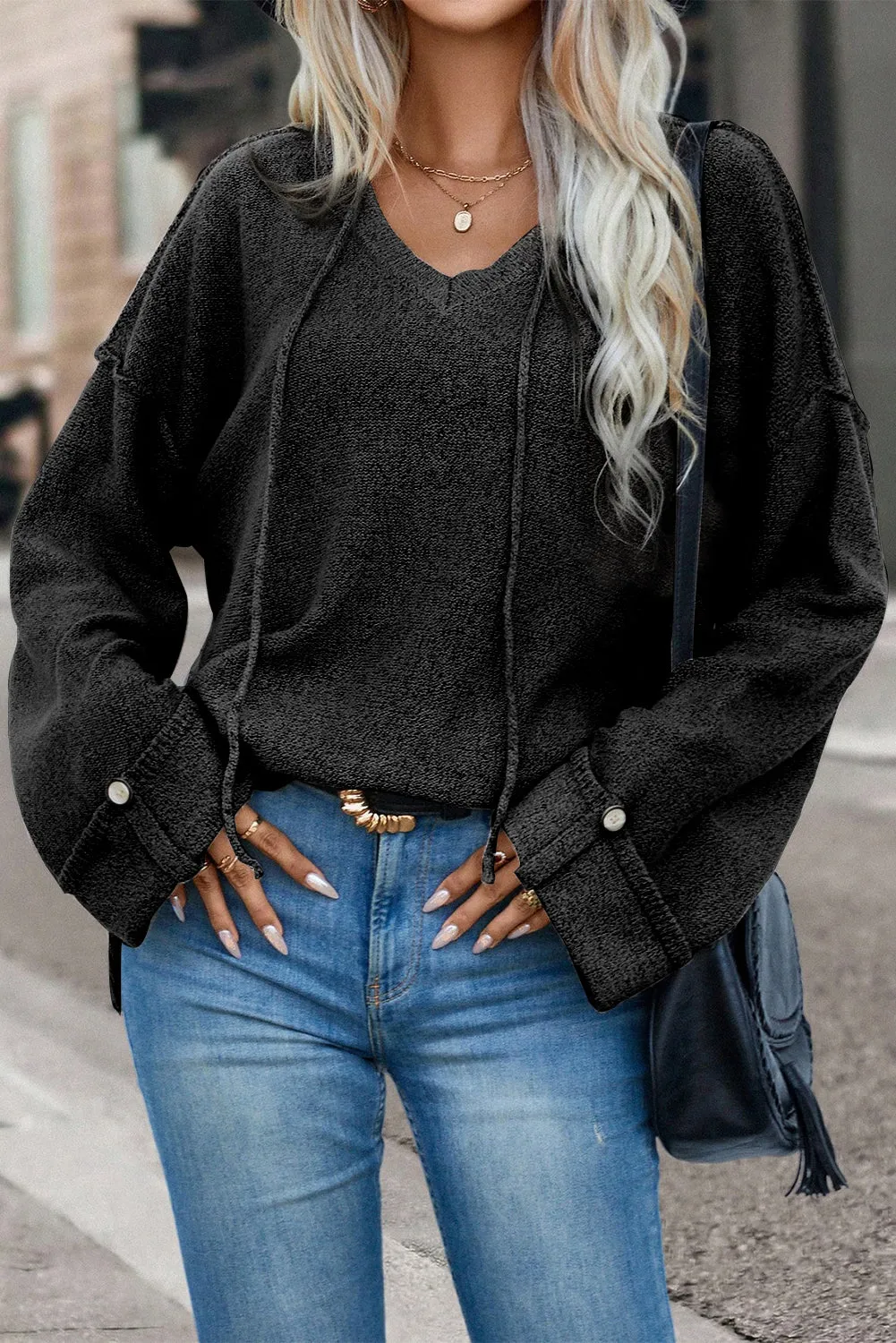 Black Buttoned Sleeve V Neck Drawstring Hooded Sweater