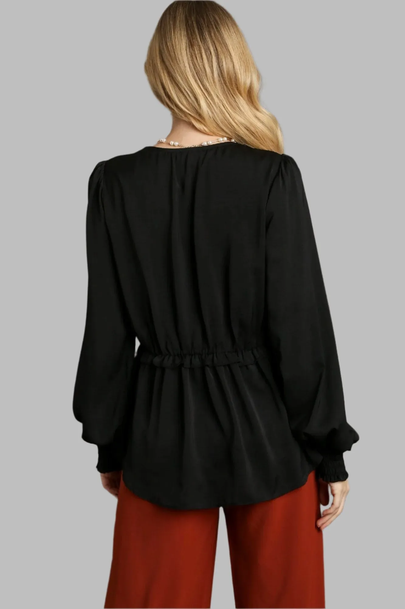Black Satin V-neck Ruffle Baby Doll Top With Cuffed Long Sleeve