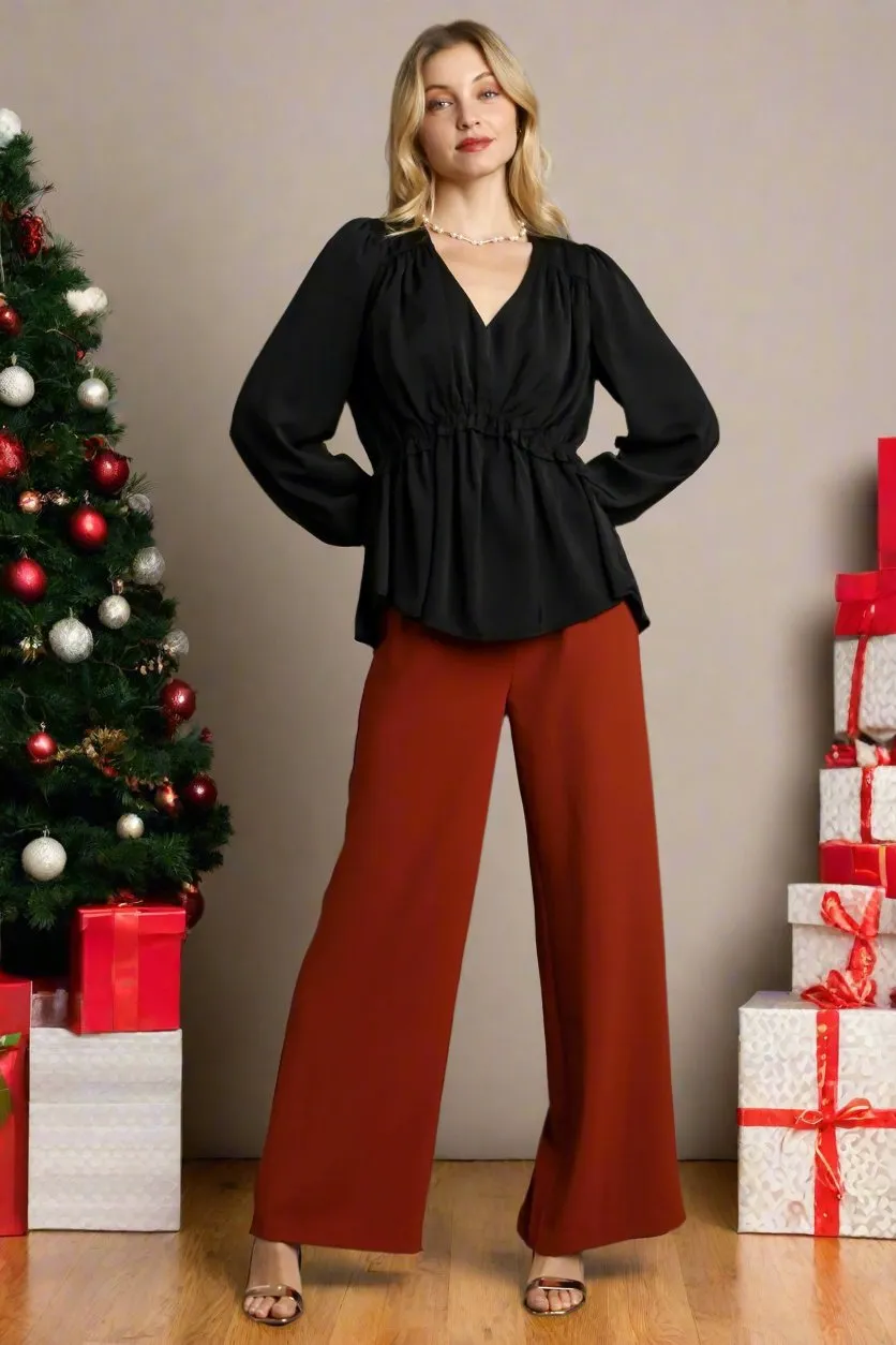 Black Satin V-neck Ruffle Baby Doll Top With Cuffed Long Sleeve
