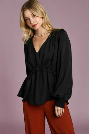 Black Satin V-neck Ruffle Baby Doll Top With Cuffed Long Sleeve