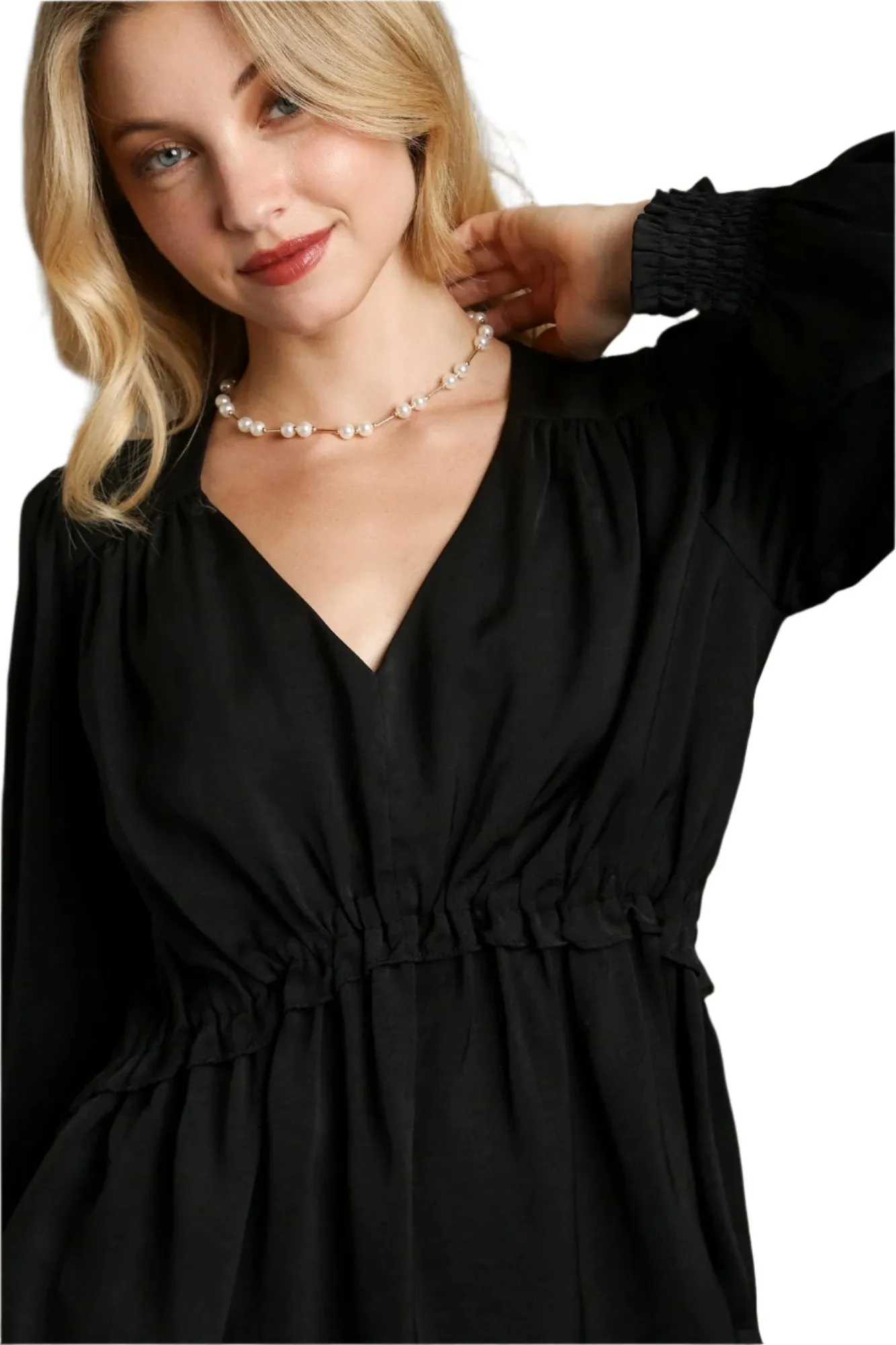 Black Satin V-neck Ruffle Baby Doll Top With Cuffed Long Sleeve