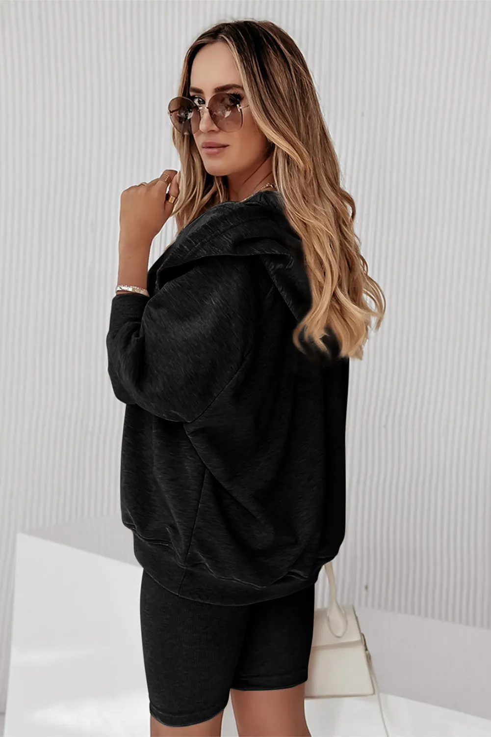 Black Snap Button Neck Oversized Hoodie