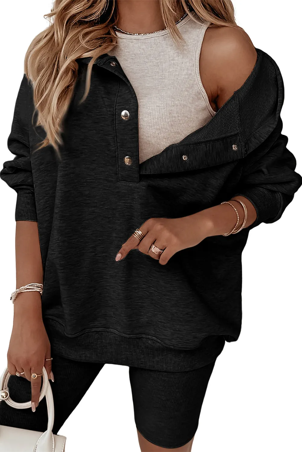 Black Snap Button Neck Oversized Hoodie