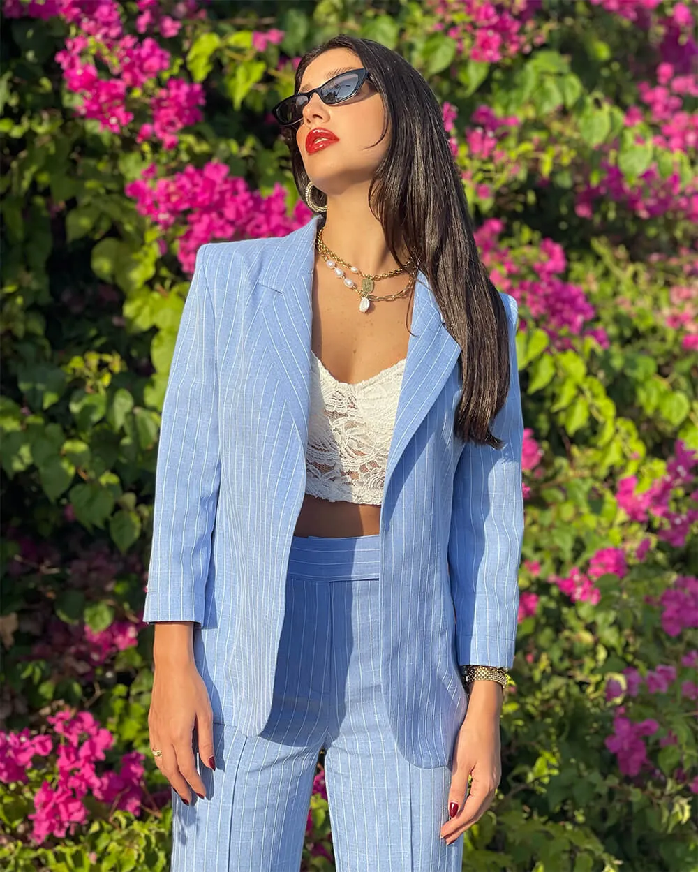 Blue and White Pinstripe Jacket and Pants Co-Ord