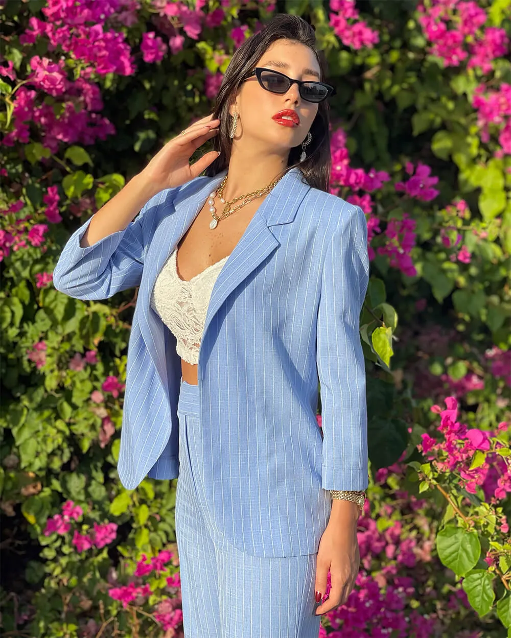 Blue and White Pinstripe Jacket and Pants Co-Ord