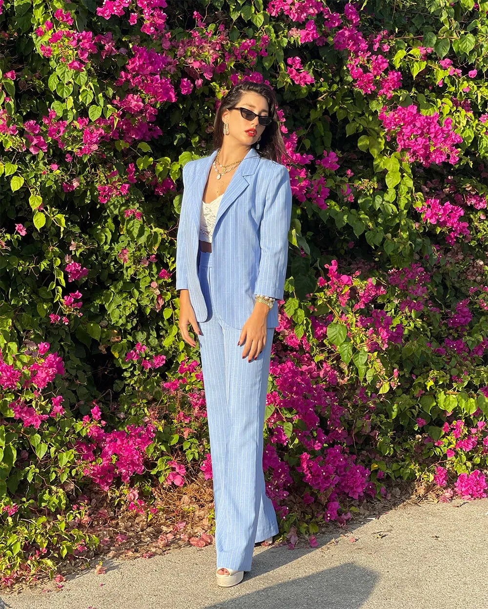 Blue and White Pinstripe Jacket and Pants Co-Ord