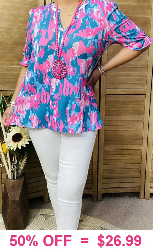 Blue Pink print v-neck top