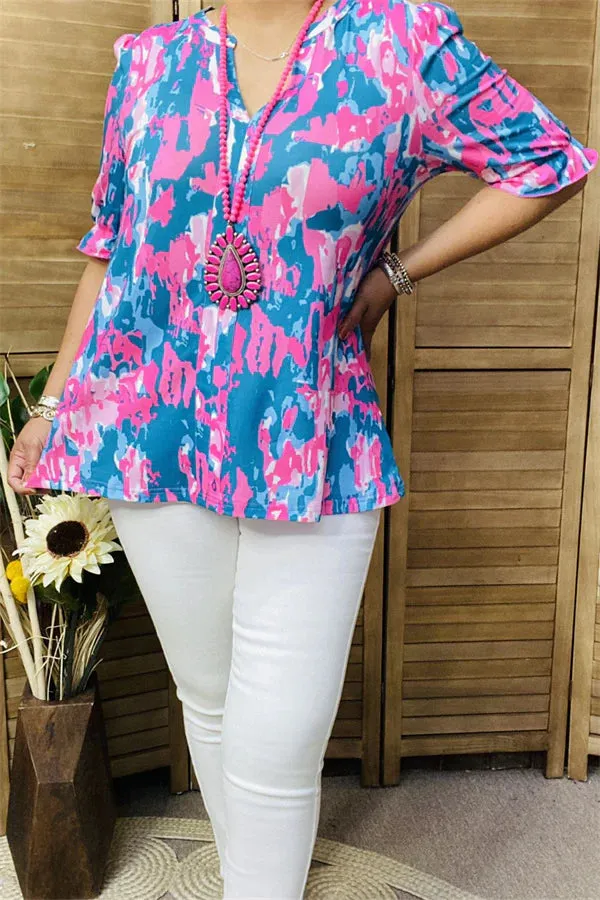 Blue Pink print v-neck top