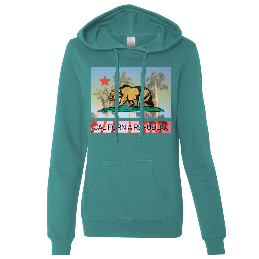 California Republic Palm Tree Bear Ladies Lightweight Fitted Hoodie