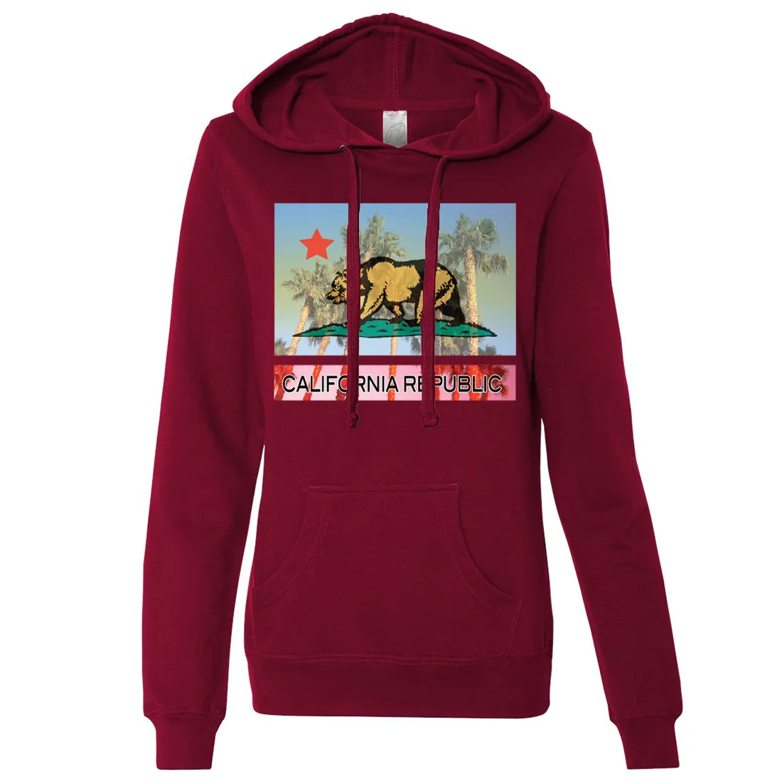 California Republic Palm Tree Bear Ladies Lightweight Fitted Hoodie
