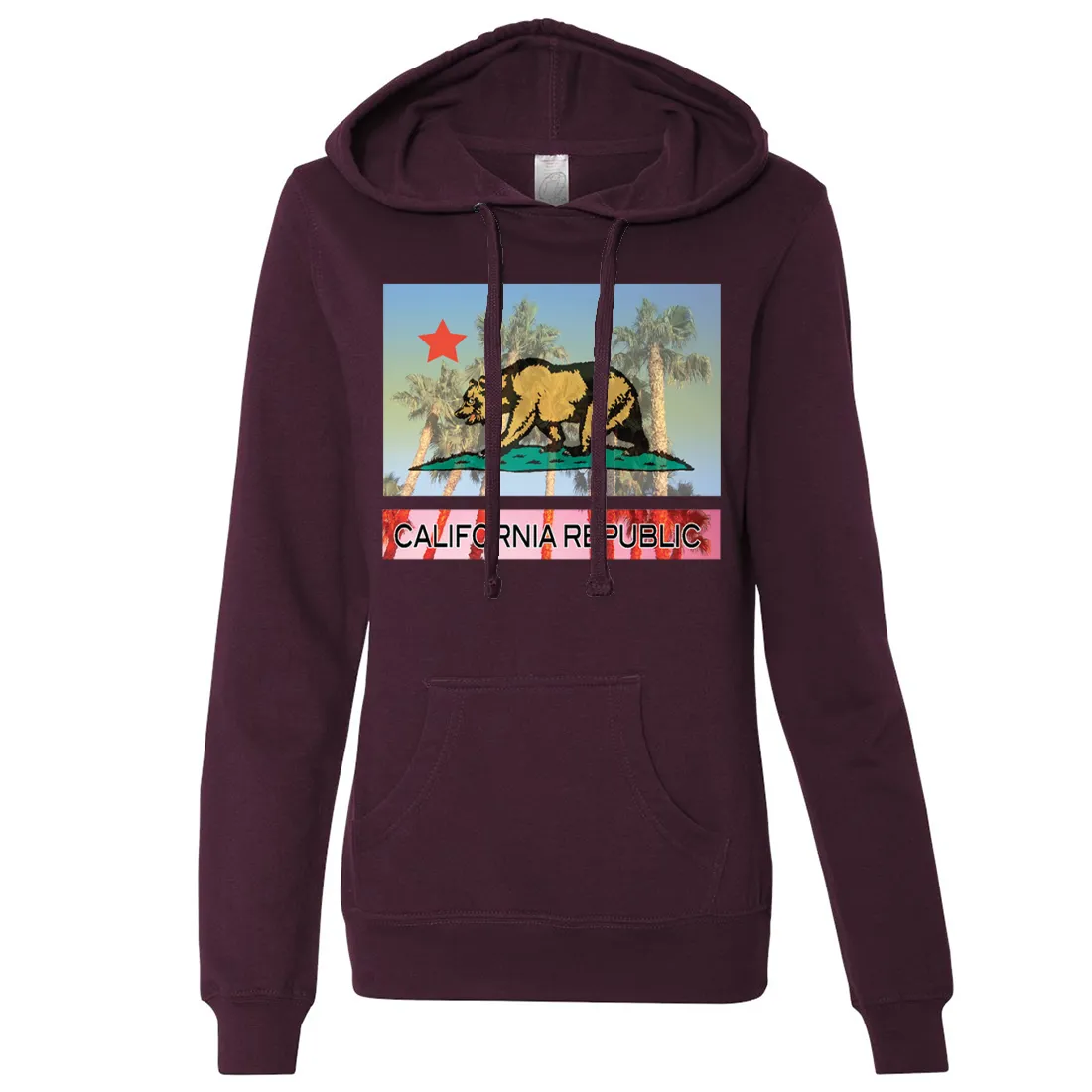 California Republic Palm Tree Bear Ladies Lightweight Fitted Hoodie