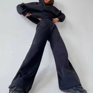 ContiNent 33 Women Basic Hooded Tracksuit Two Piece Sets Pullover Sweatshirt Top And High Waist Wide Leg Pant Suits Female Fashion Streetwear