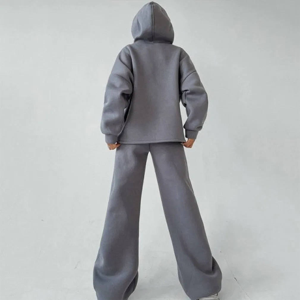 ContiNent 33 Women Basic Hooded Tracksuit Two Piece Sets Pullover Sweatshirt Top And High Waist Wide Leg Pant Suits Female Fashion Streetwear