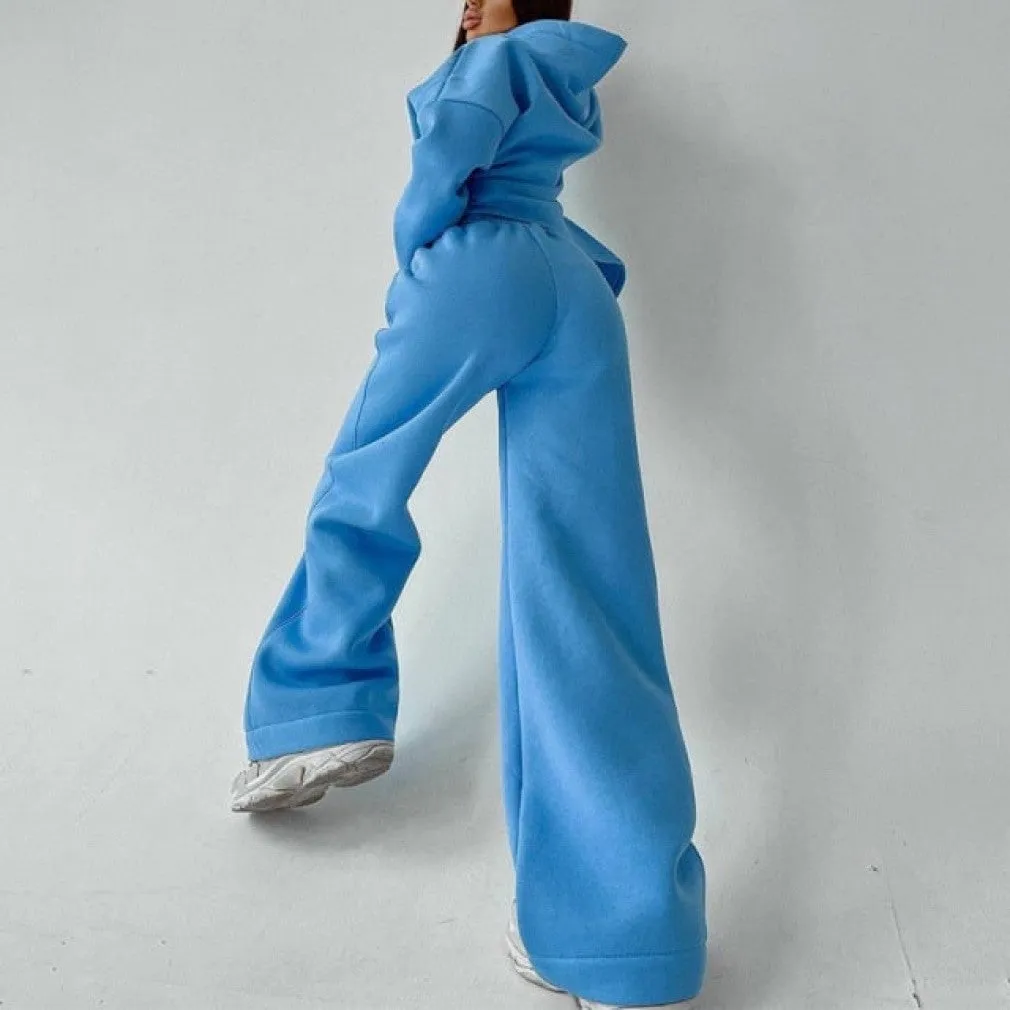 ContiNent 33 Women Basic Hooded Tracksuit Two Piece Sets Pullover Sweatshirt Top And High Waist Wide Leg Pant Suits Female Fashion Streetwear