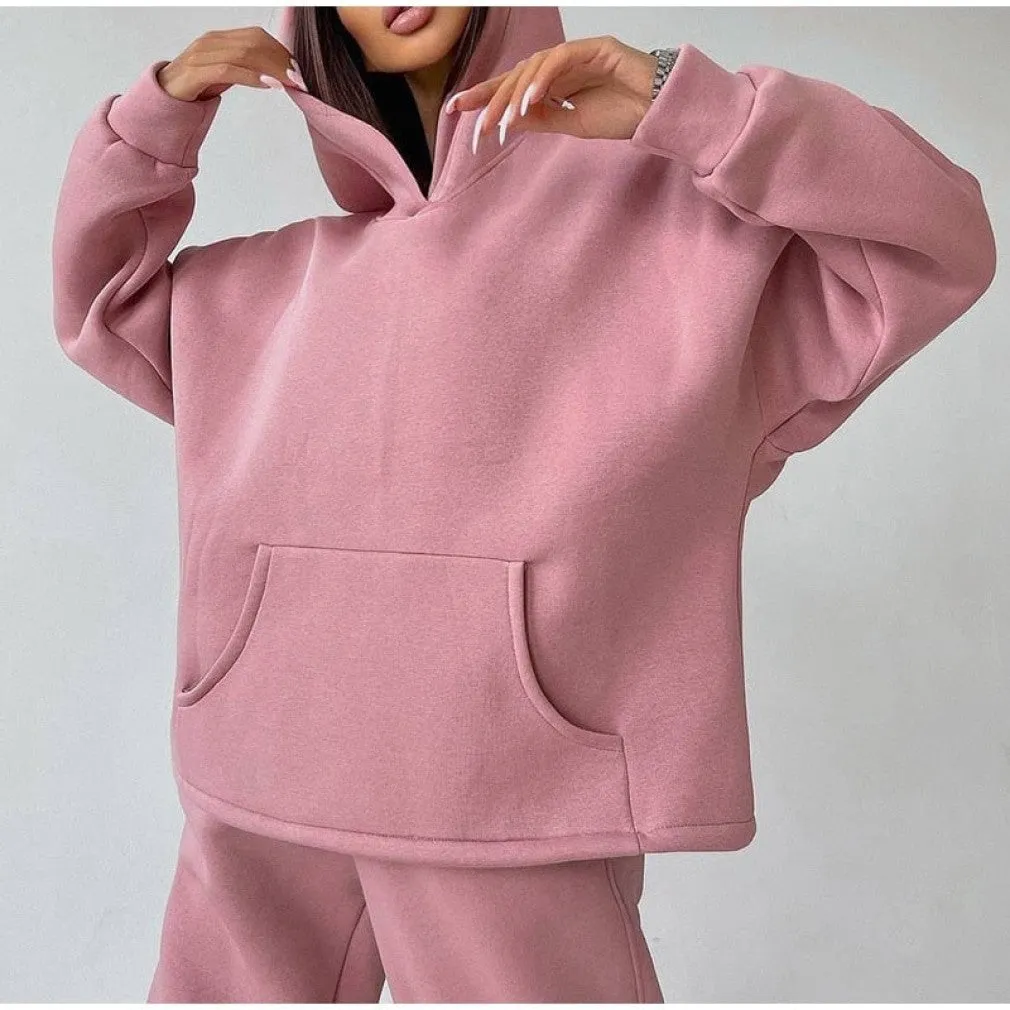 ContiNent 33 Women Basic Hooded Tracksuit Two Piece Sets Pullover Sweatshirt Top And High Waist Wide Leg Pant Suits Female Fashion Streetwear