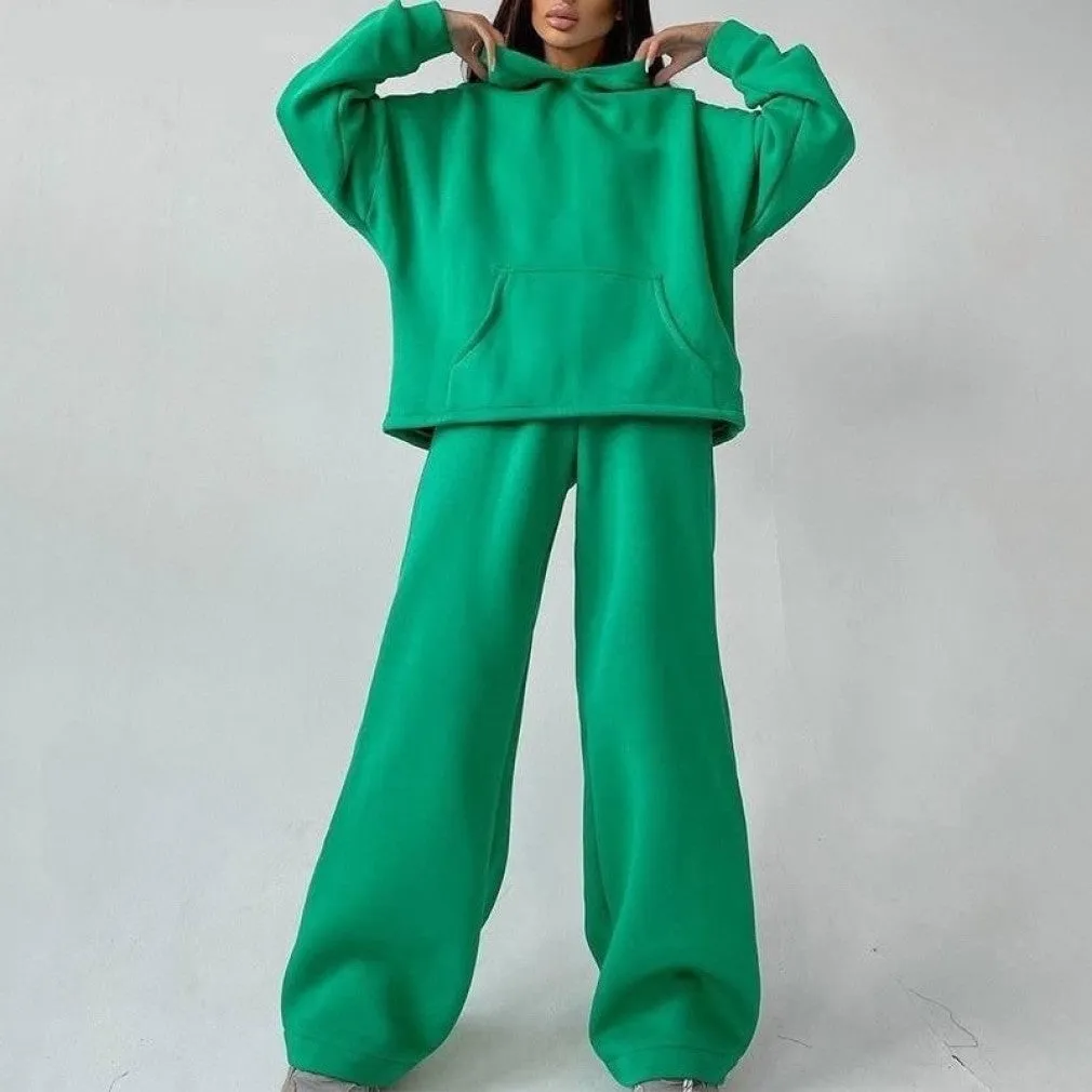 ContiNent 33 Women Basic Hooded Tracksuit Two Piece Sets Pullover Sweatshirt Top And High Waist Wide Leg Pant Suits Female Fashion Streetwear
