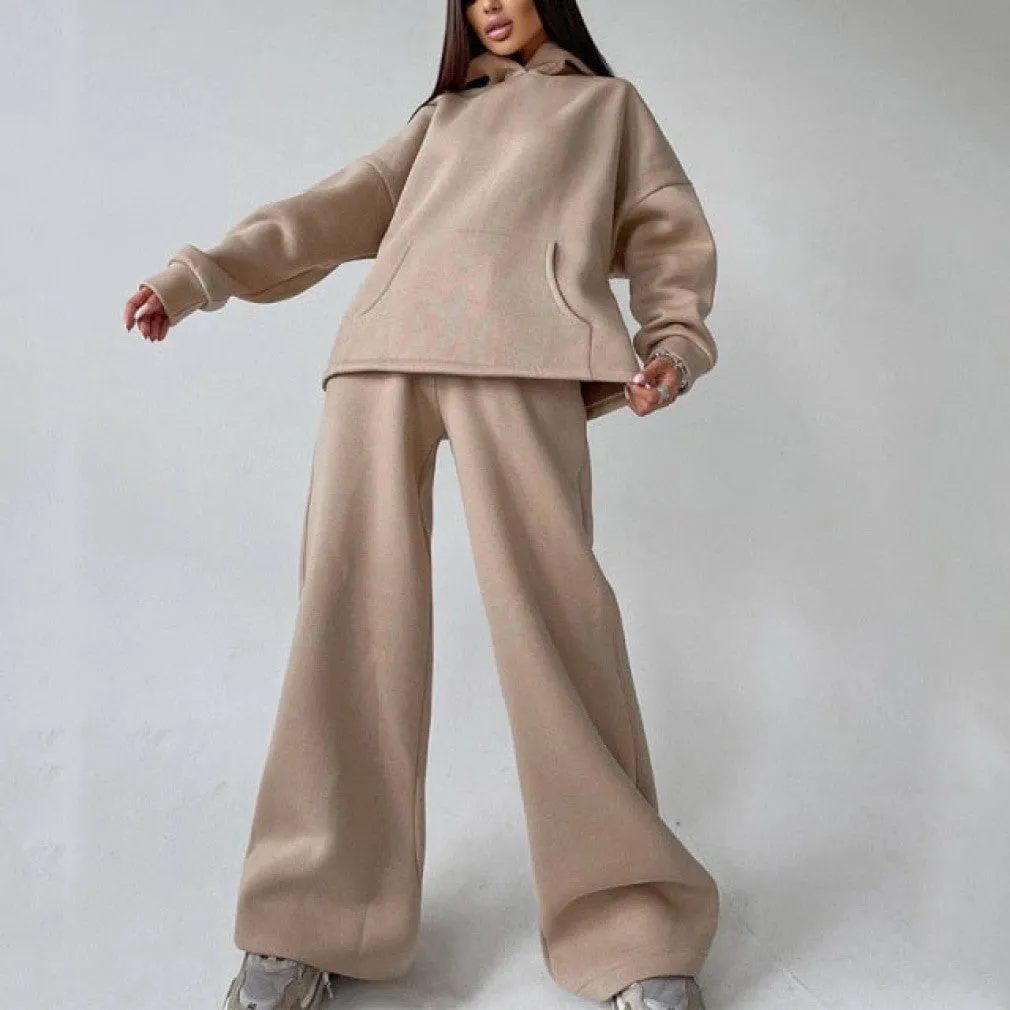 ContiNent 33 Women Basic Hooded Tracksuit Two Piece Sets Pullover Sweatshirt Top And High Waist Wide Leg Pant Suits Female Fashion Streetwear