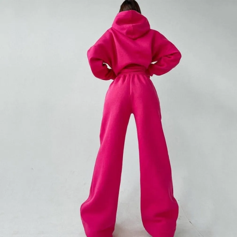 ContiNent 33 Women Basic Hooded Tracksuit Two Piece Sets Pullover Sweatshirt Top And High Waist Wide Leg Pant Suits Female Fashion Streetwear