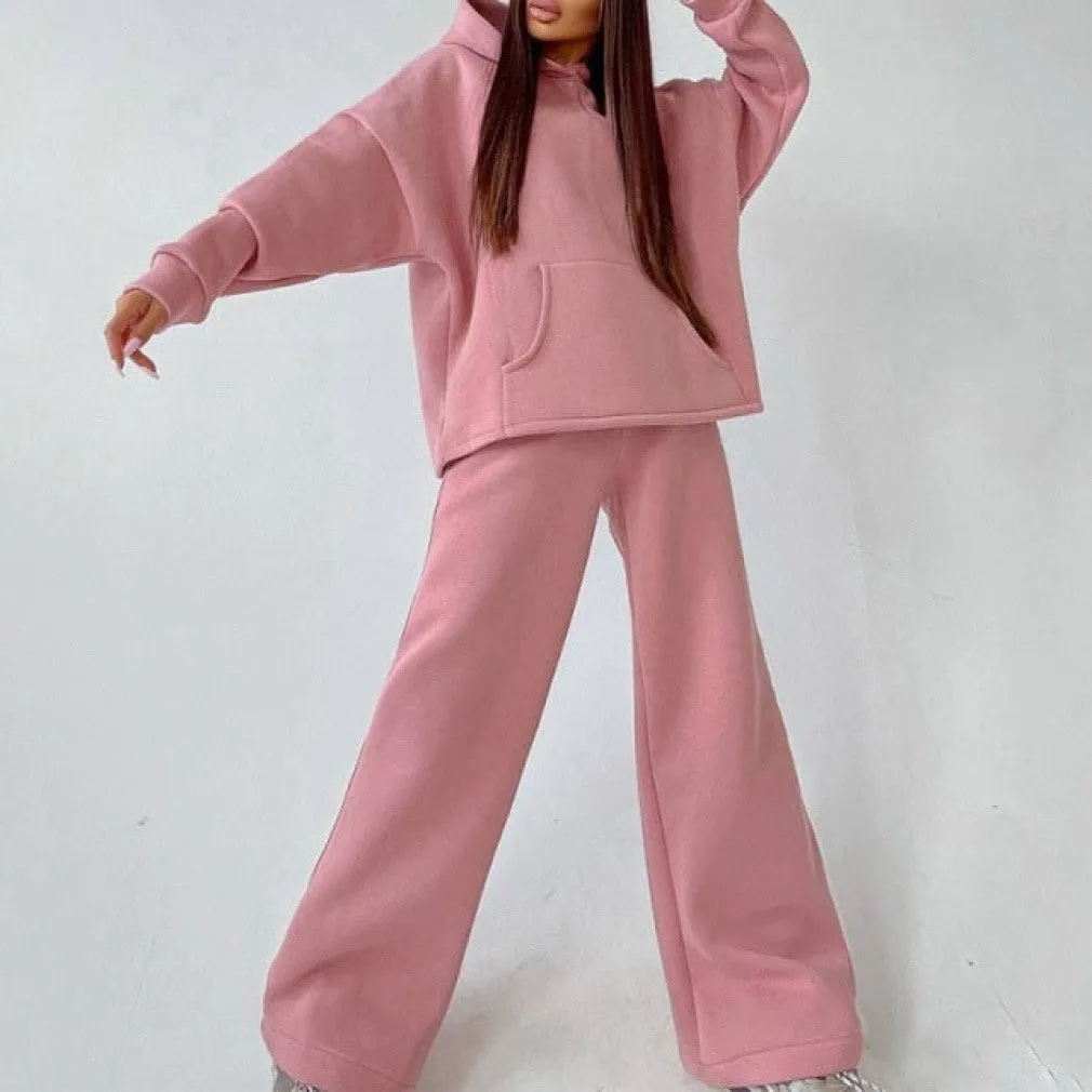 ContiNent 33 Women Basic Hooded Tracksuit Two Piece Sets Pullover Sweatshirt Top And High Waist Wide Leg Pant Suits Female Fashion Streetwear