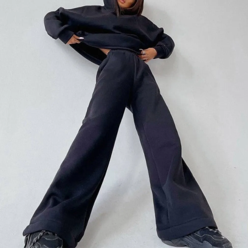 ContiNent 33 Women Basic Hooded Tracksuit Two Piece Sets Pullover Sweatshirt Top And High Waist Wide Leg Pant Suits Female Fashion Streetwear