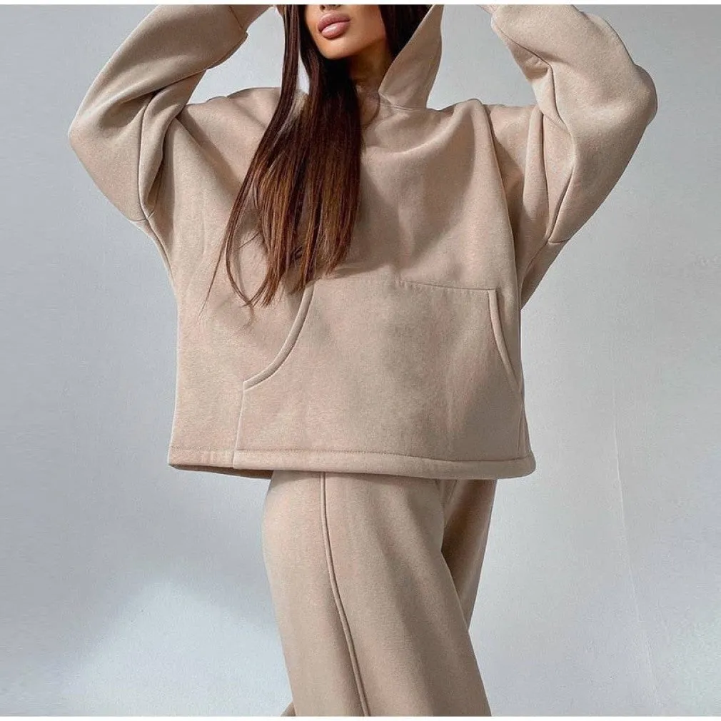 ContiNent 33 Women Basic Hooded Tracksuit Two Piece Sets Pullover Sweatshirt Top And High Waist Wide Leg Pant Suits Female Fashion Streetwear