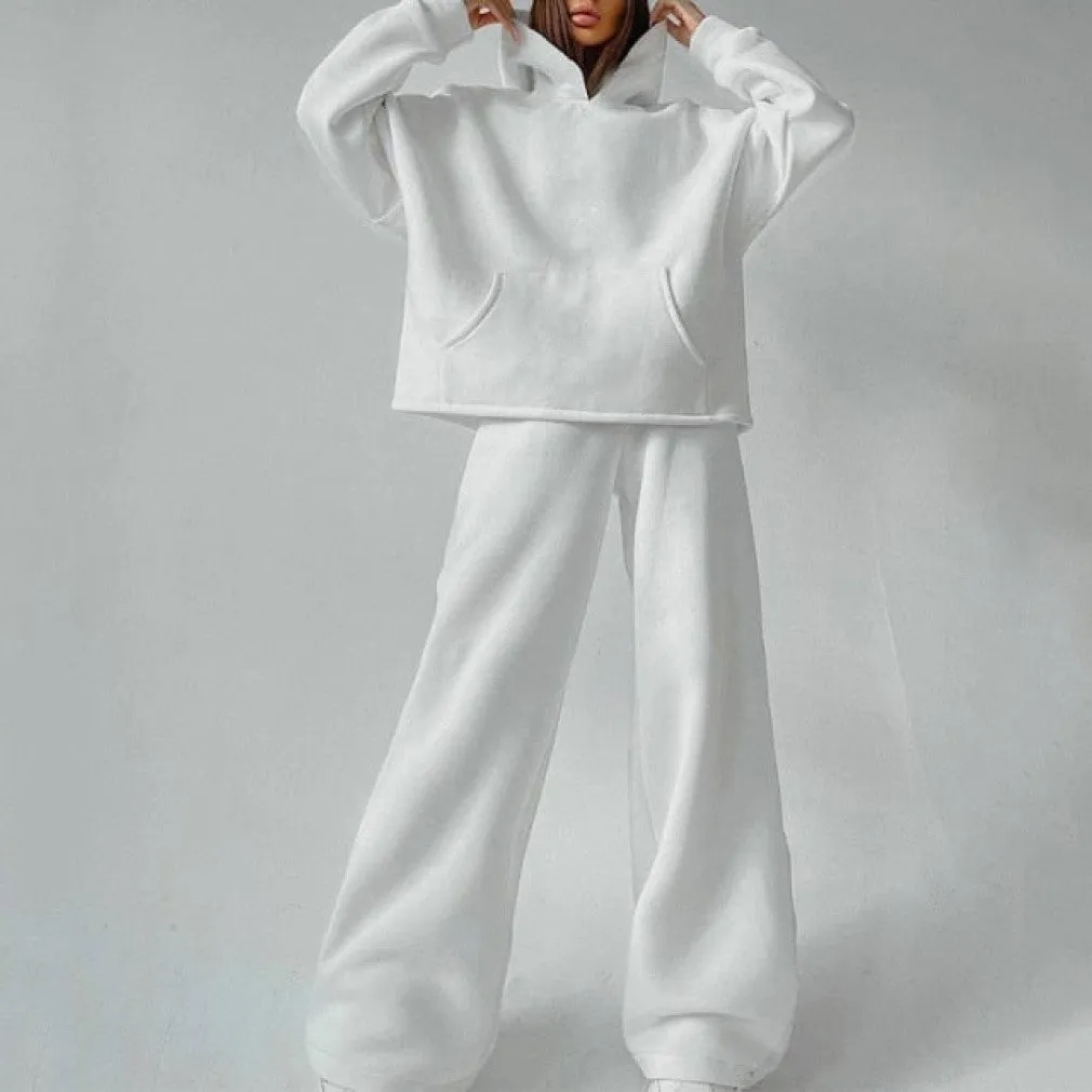ContiNent 33 Women Basic Hooded Tracksuit Two Piece Sets Pullover Sweatshirt Top And High Waist Wide Leg Pant Suits Female Fashion Streetwear