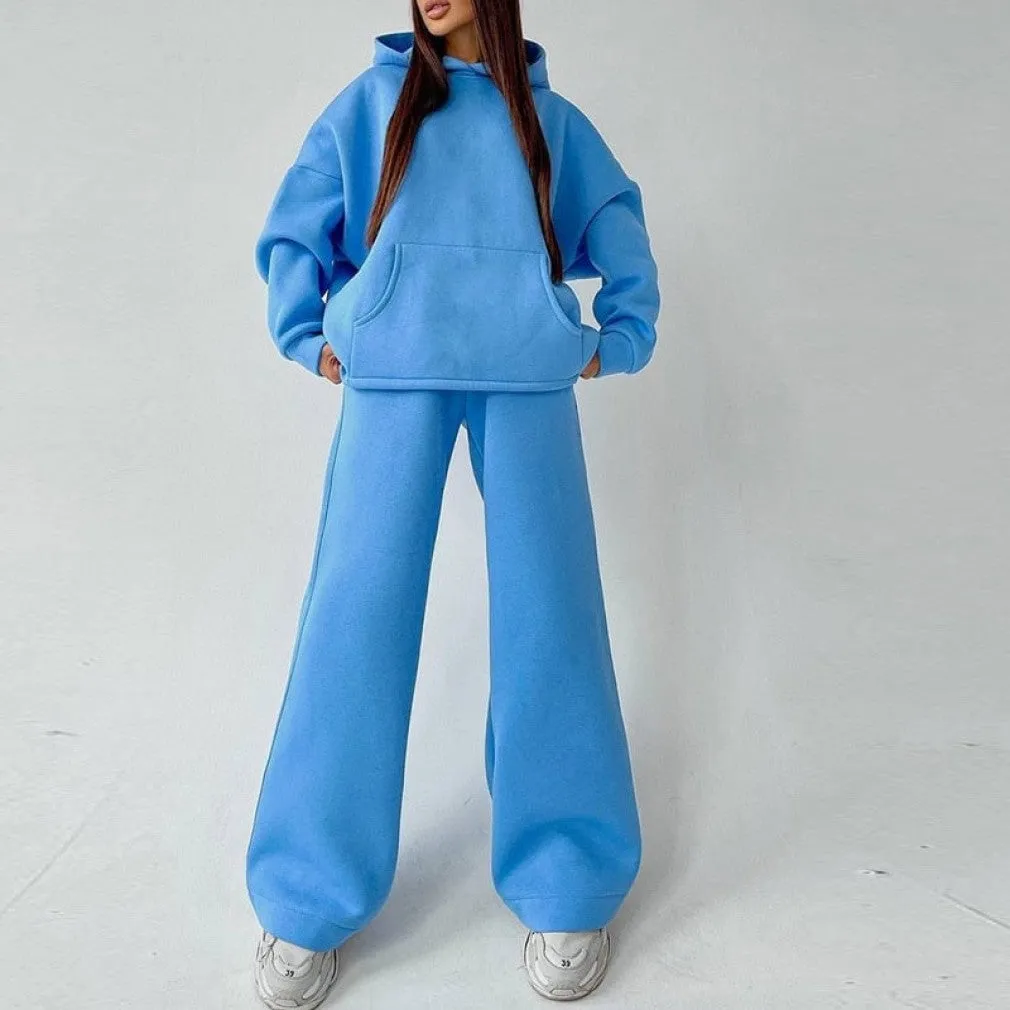 ContiNent 33 Women Basic Hooded Tracksuit Two Piece Sets Pullover Sweatshirt Top And High Waist Wide Leg Pant Suits Female Fashion Streetwear