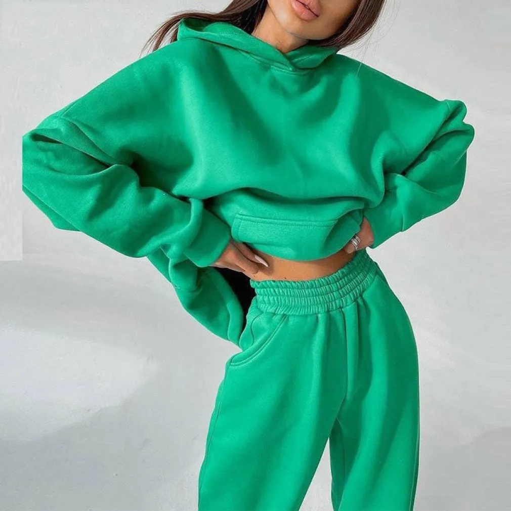 ContiNent 33 Women Basic Hooded Tracksuit Two Piece Sets Pullover Sweatshirt Top And High Waist Wide Leg Pant Suits Female Fashion Streetwear