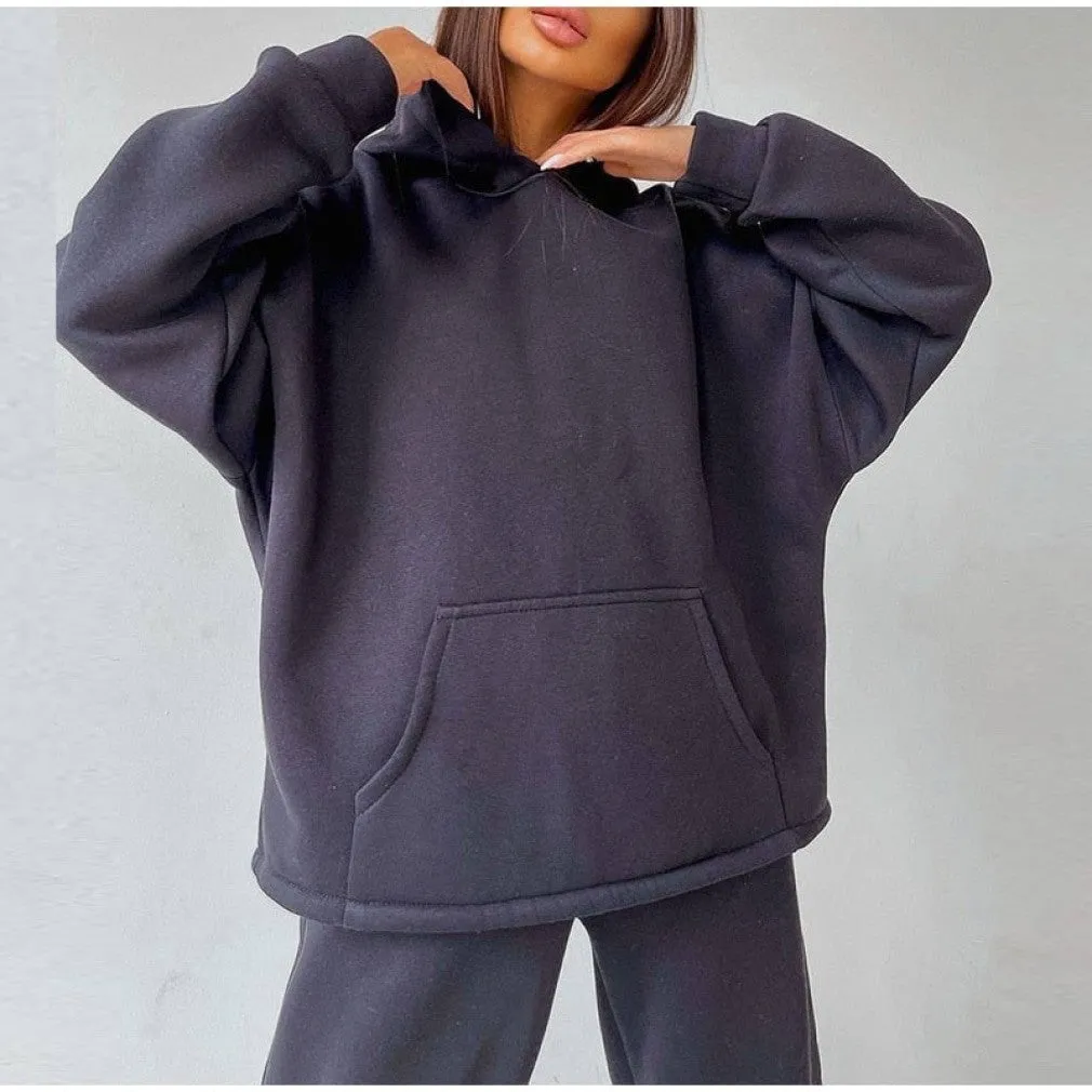 ContiNent 33 Women Basic Hooded Tracksuit Two Piece Sets Pullover Sweatshirt Top And High Waist Wide Leg Pant Suits Female Fashion Streetwear