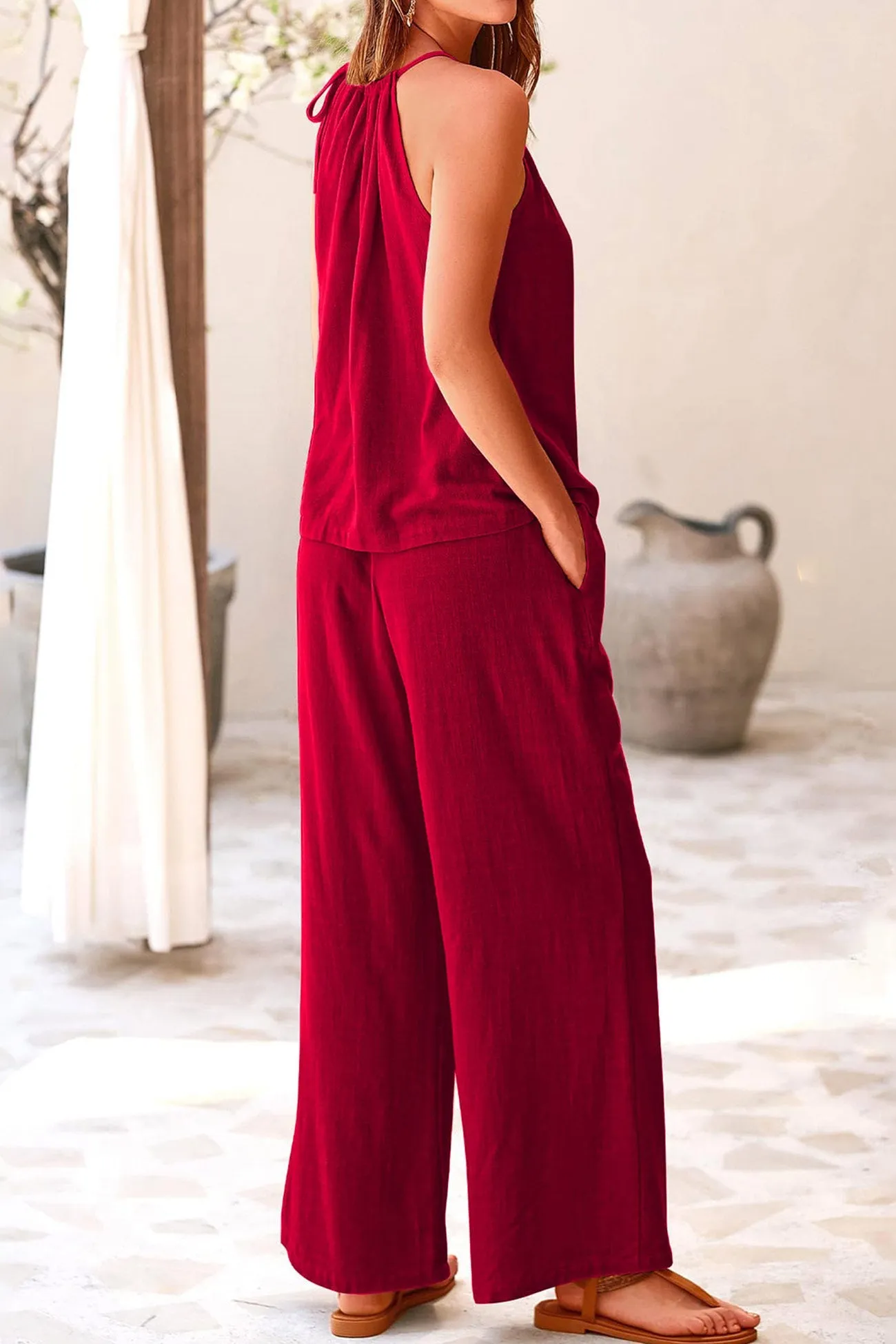 Cotton Linen Tie-up Tank Pants Suits