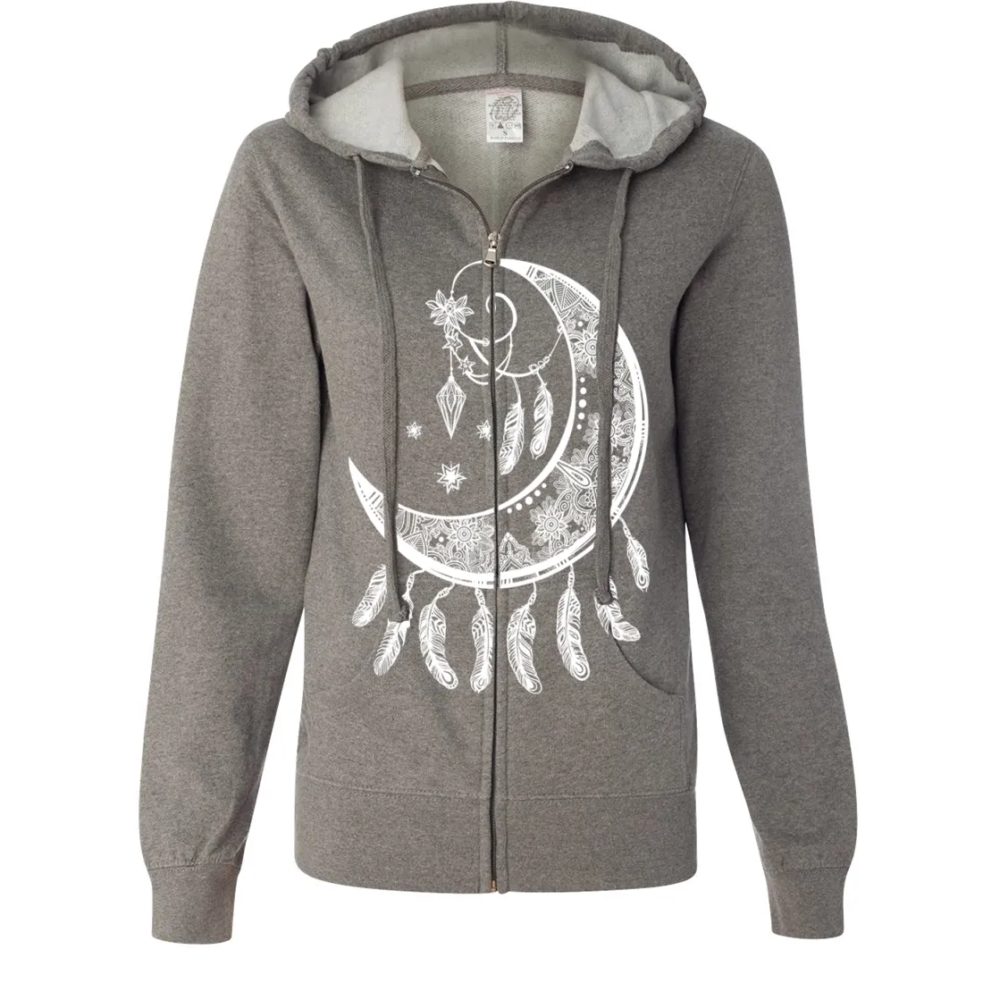 Crescent Moon Dreamcatcher White Ladies Lightweight Fitted Zip-Up Hoodie