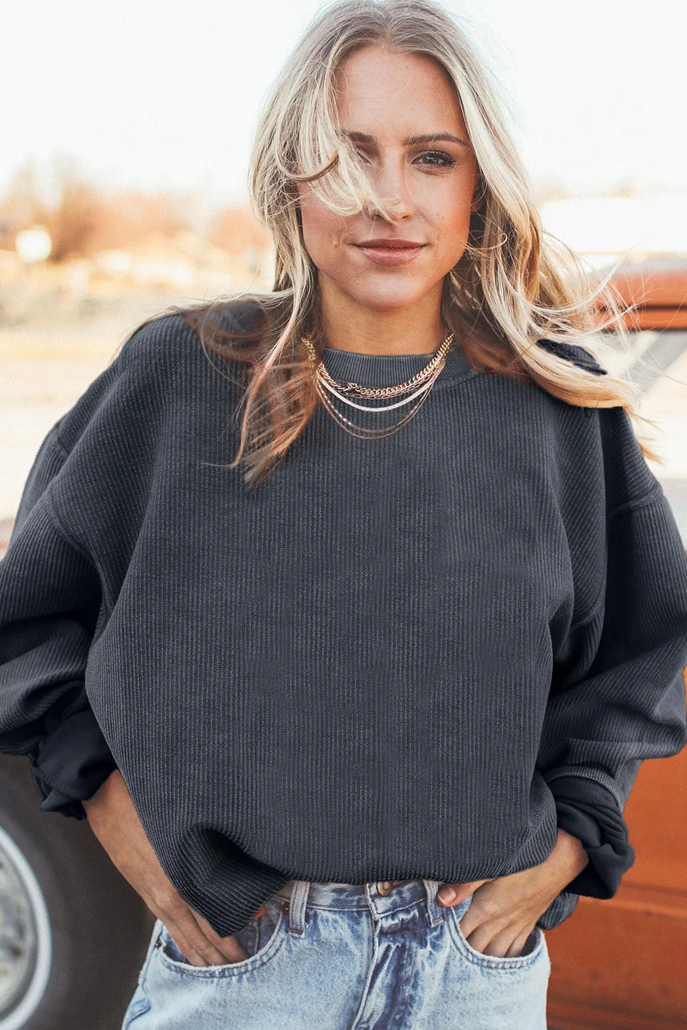 Dark Grey JOLENE Ribbed Corded Oversized Sweatshirt