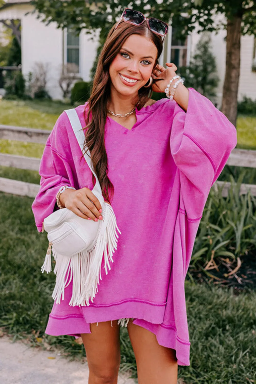 Dark Pink Exposed Seam Drop Shoulder Oversized Sweatshirt