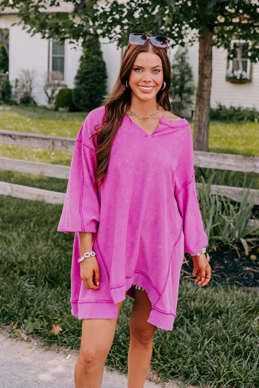 Dark Pink Exposed Seam Drop Shoulder Oversized Sweatshirt