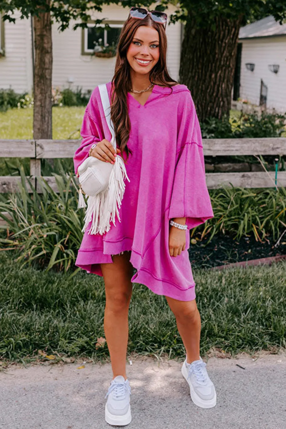 Dark Pink Exposed Seam Drop Shoulder Oversized Sweatshirt