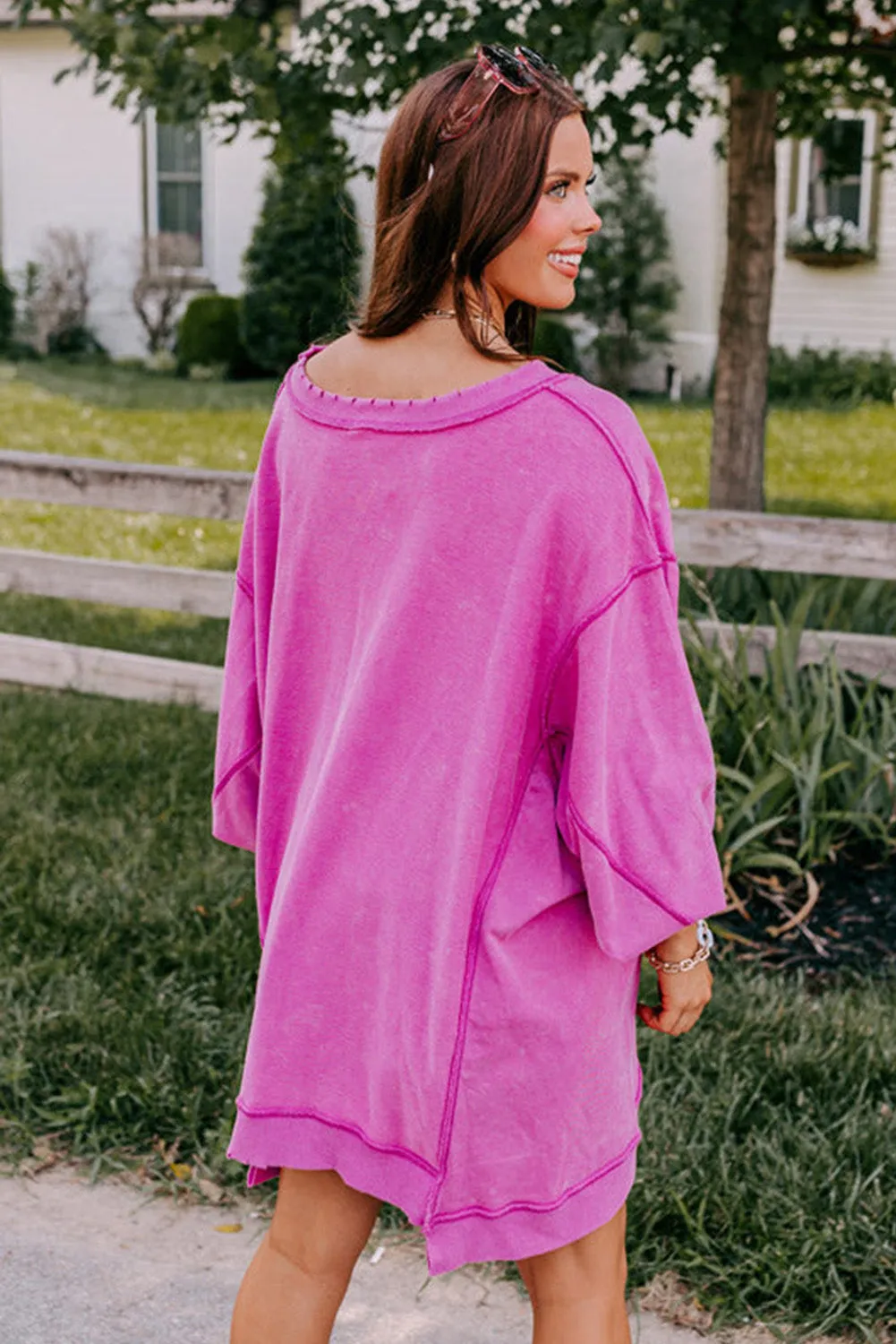 Dark Pink Exposed Seam Drop Shoulder Oversized Sweatshirt