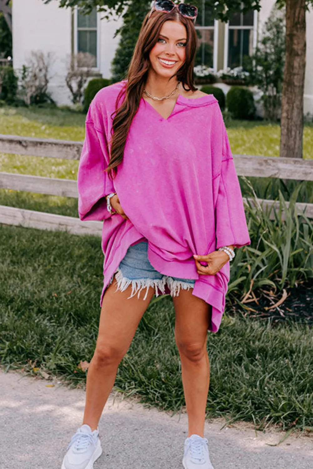 Dark Pink Exposed Seam Drop Shoulder Oversized Sweatshirt