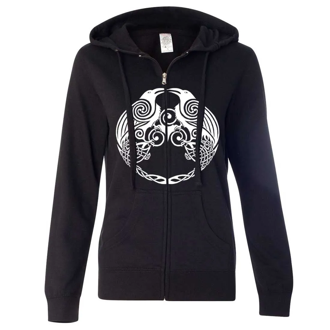Dual Raven White Print Ladies Zip-Up Hoodie