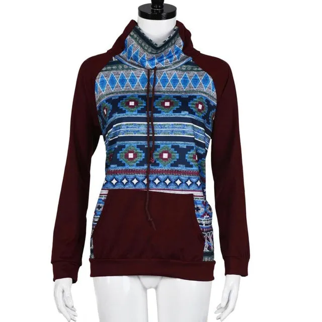 Feitong Boho Fashion Autumn Women Sweatshirts Causal Long Sleeve Printed Kangaroo Pocket Tops Hooded moletom feminino inverno