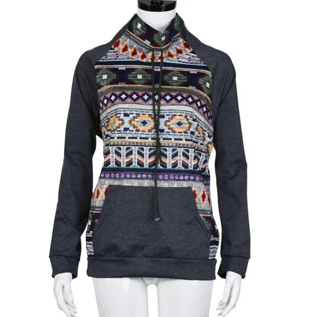 Feitong Boho Fashion Autumn Women Sweatshirts Causal Long Sleeve Printed Kangaroo Pocket Tops Hooded moletom feminino inverno