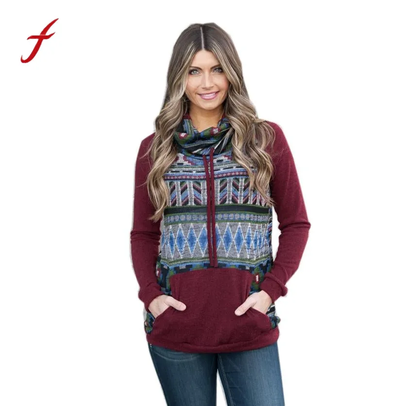 Feitong Boho Fashion Autumn Women Sweatshirts Causal Long Sleeve Printed Kangaroo Pocket Tops Hooded moletom feminino inverno