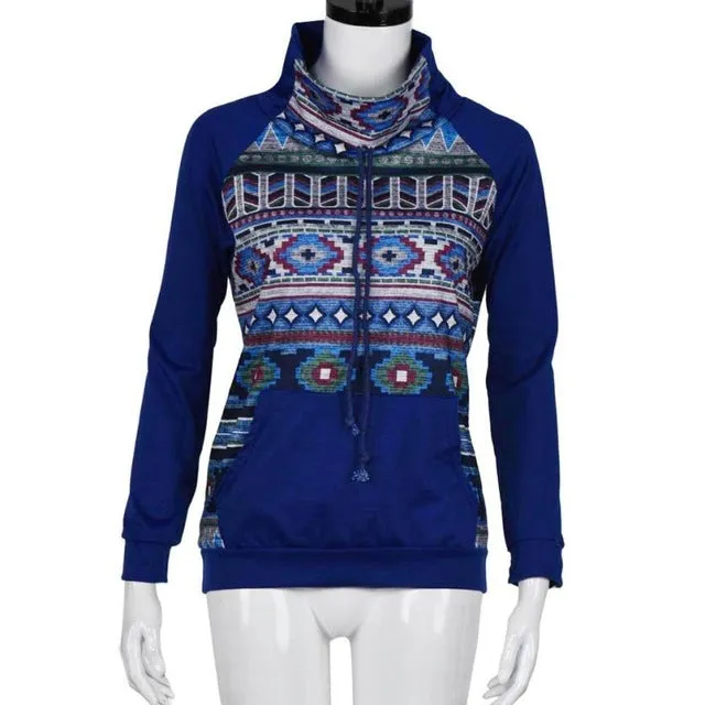 Feitong Boho Fashion Autumn Women Sweatshirts Causal Long Sleeve Printed Kangaroo Pocket Tops Hooded moletom feminino inverno