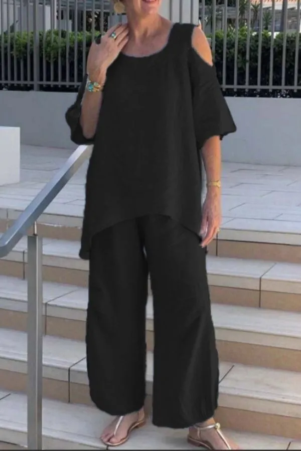 Half Sleeve Solid Color Casual Pant Suits